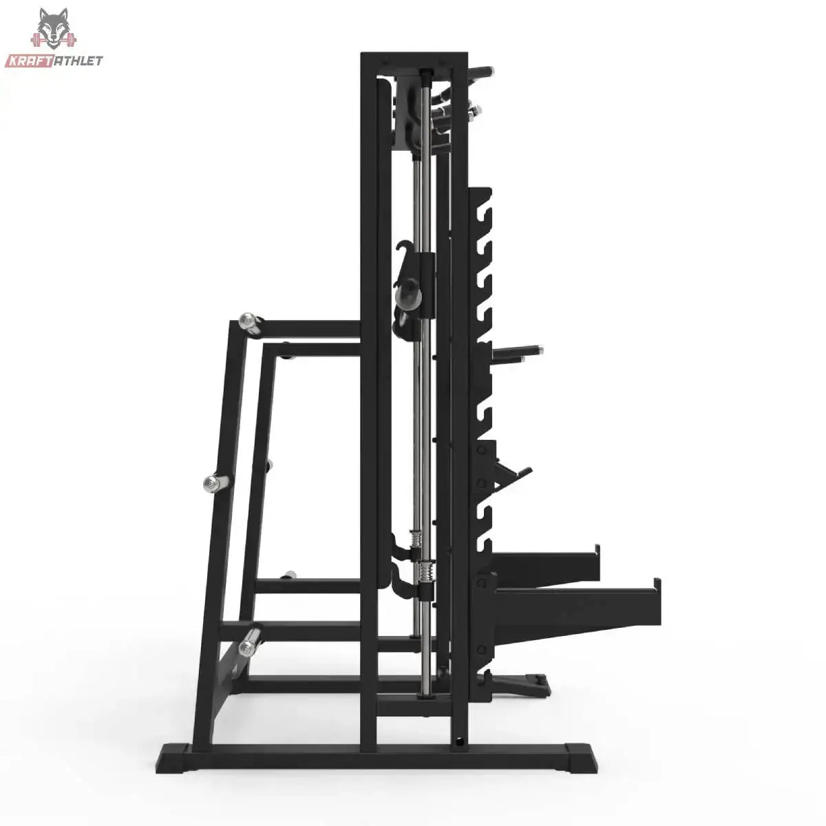Titanium Strength Elite Series Multipower Smith Machine + Rack Plus in Schwarz, Seitenansicht mit Rack und Ablagen