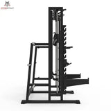 Titanium Strength Elite Series Multipower Smith Machine + Rack Plus in Schwarz, Seitenansicht mit Rack und Ablagen