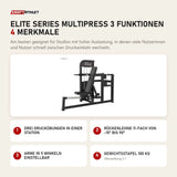 Titanium Strength Elite Series Multipress 3 Funktionen mit 4 Merkmalen: Drei Druckübungen in einer Station, Rückenlehne 11-fach von -15° bis 90°, Arme in 5 Winkeln einstellbar, Gewichtsstapel 100 kg