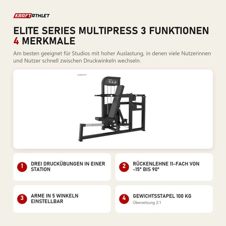 Titanium Strength Elite Series Multipress 3 Funktionen mit 4 Merkmalen: Drei Druckübungen in einer Station, Rückenlehne 11-fach von -15° bis 90°, Arme in 5 Winkeln einstellbar, Gewichtsstapel 100 kg