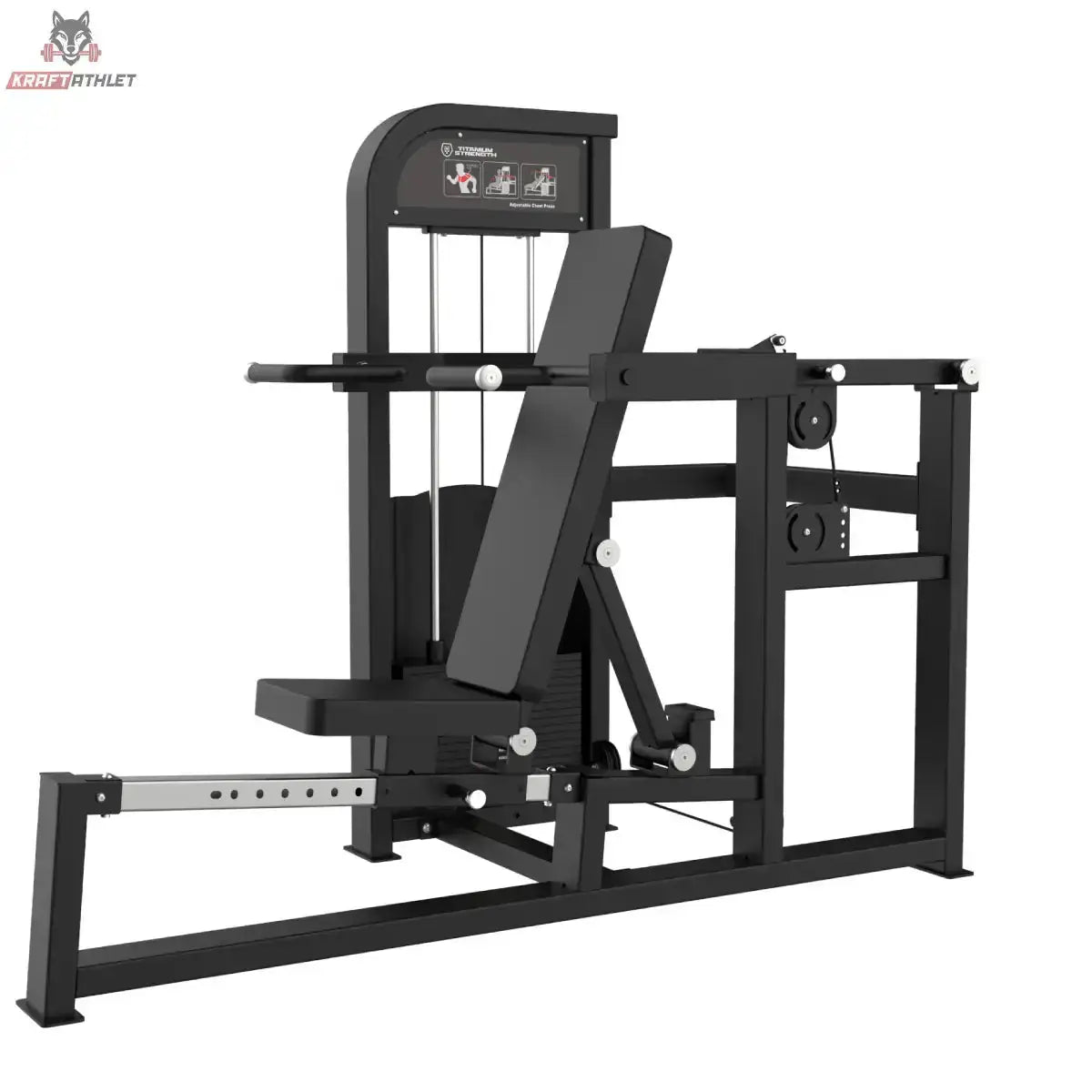 Titanium Strength Elite Series Multipress 3 Funktionen – Schrägansicht mit verstellbarer Rückenlehne, Griffen und Gewichtsturm
