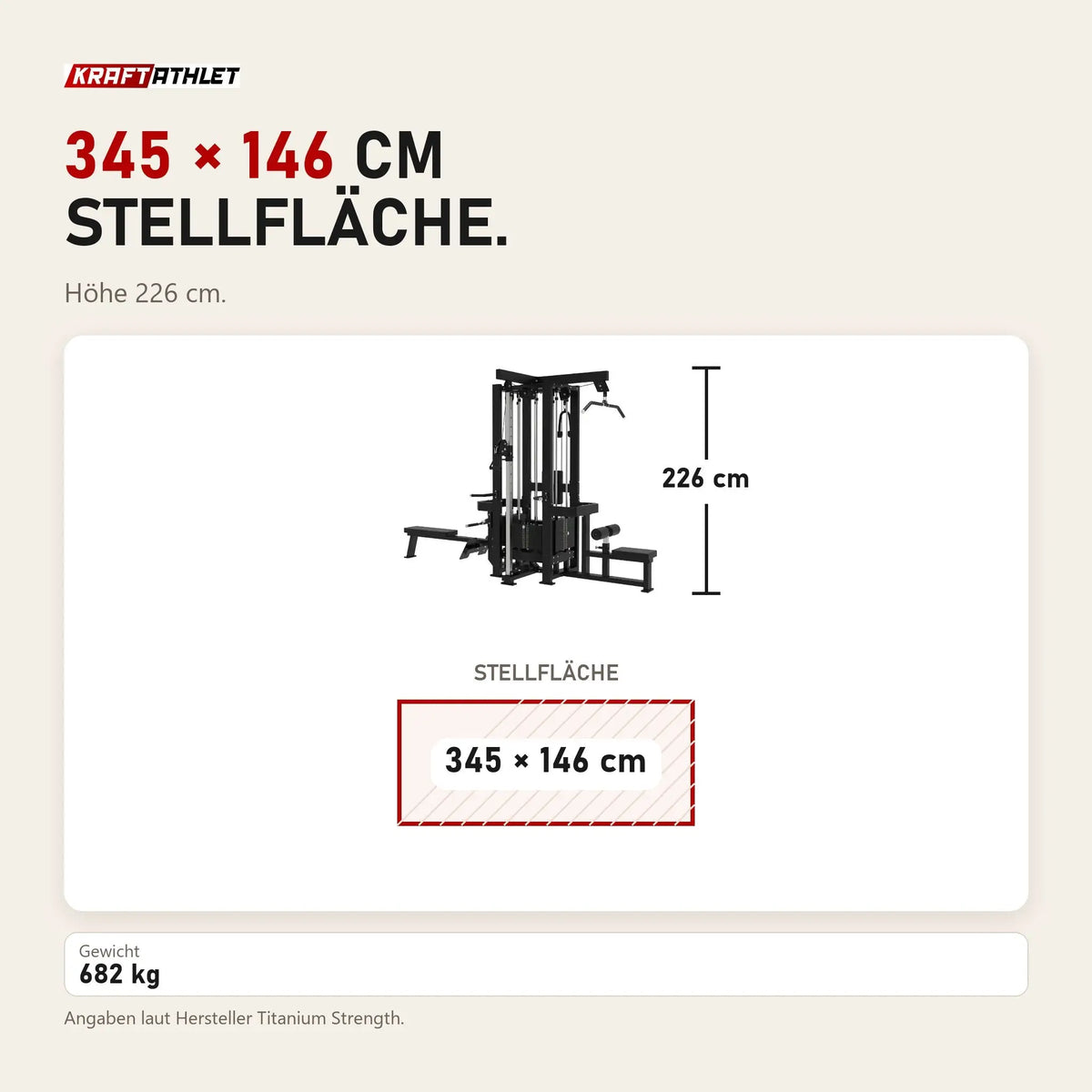 Maßbild Titanium Strength Elite Series Multistation 4 Stationen: Stellfläche 345 × 146 cm, Höhe 226 cm