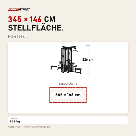 Maßbild Titanium Strength Elite Series Multistation 4 Stationen: Stellfläche 345 × 146 cm, Höhe 226 cm