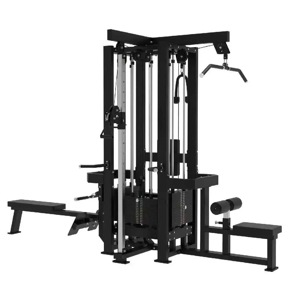 Titanium Strength Elite Series Multistation 4 Stationen in Schwarz, Schrägansicht mit Bänken und Kabelzügen