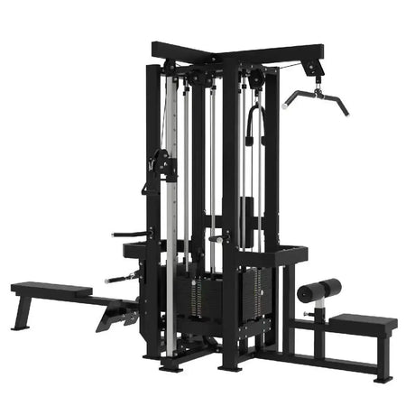 Titanium Strength Elite Series Multistation 4 Stationen in Schwarz, Schrägansicht mit Bänken und Kabelzügen