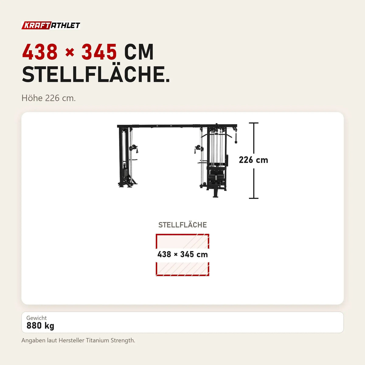 Maßbild Titanium Strength Elite Series Multistation 5 Stationen: Stellfläche 438 × 345 cm, Höhe 226 cm
