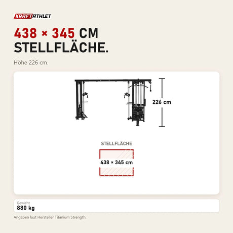 Maßbild Titanium Strength Elite Series Multistation 5 Stationen: Stellfläche 438 × 345 cm, Höhe 226 cm