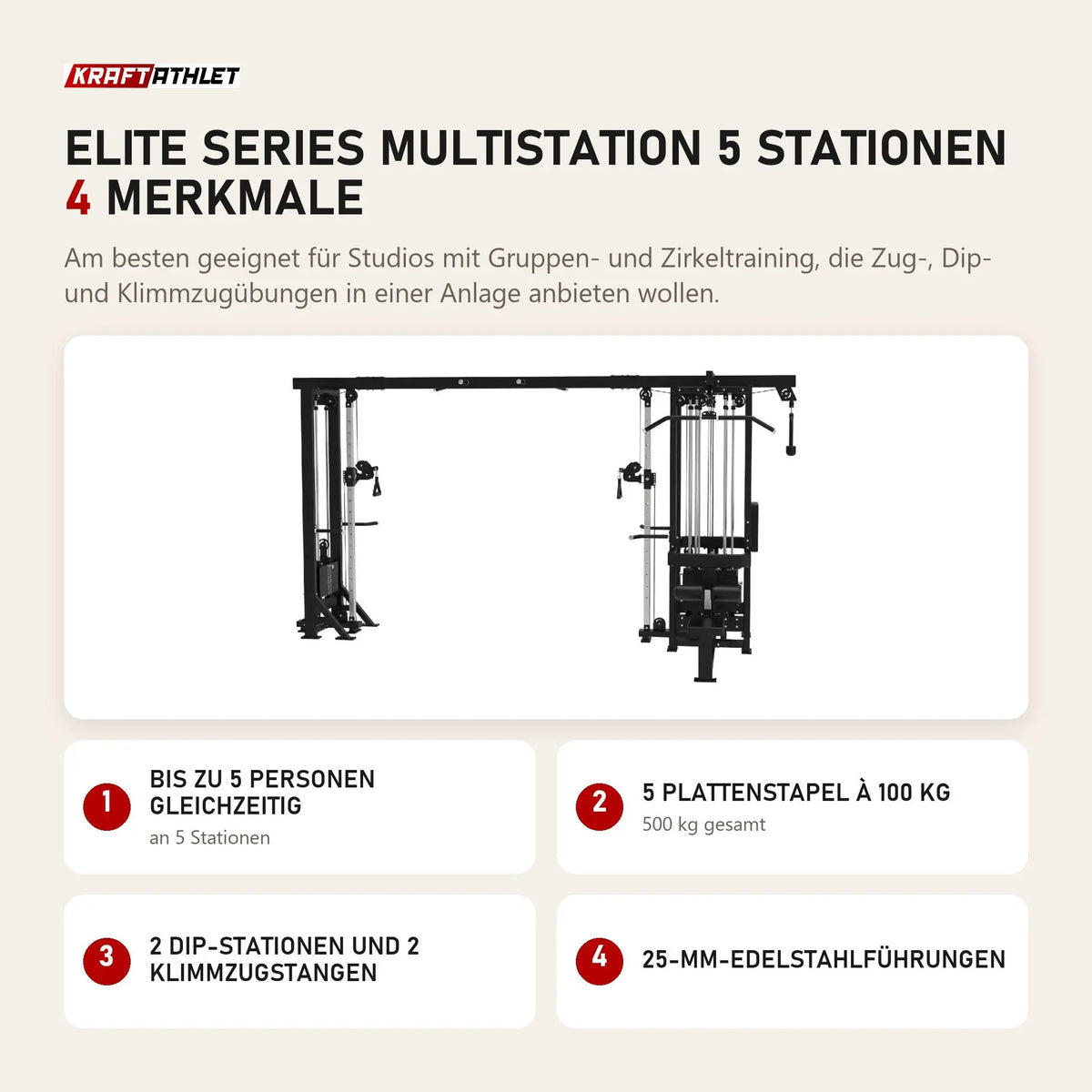 Titanium Strength Elite Series Multistation 5 Stationen mit 4 Merkmalen: Bis zu 5 Personen gleichzeitig, 5 Plattenstapel à 100 kg, 2 Dip-Stationen und 2 Klimmzugstangen, 25-mm-Edelstahlführungen