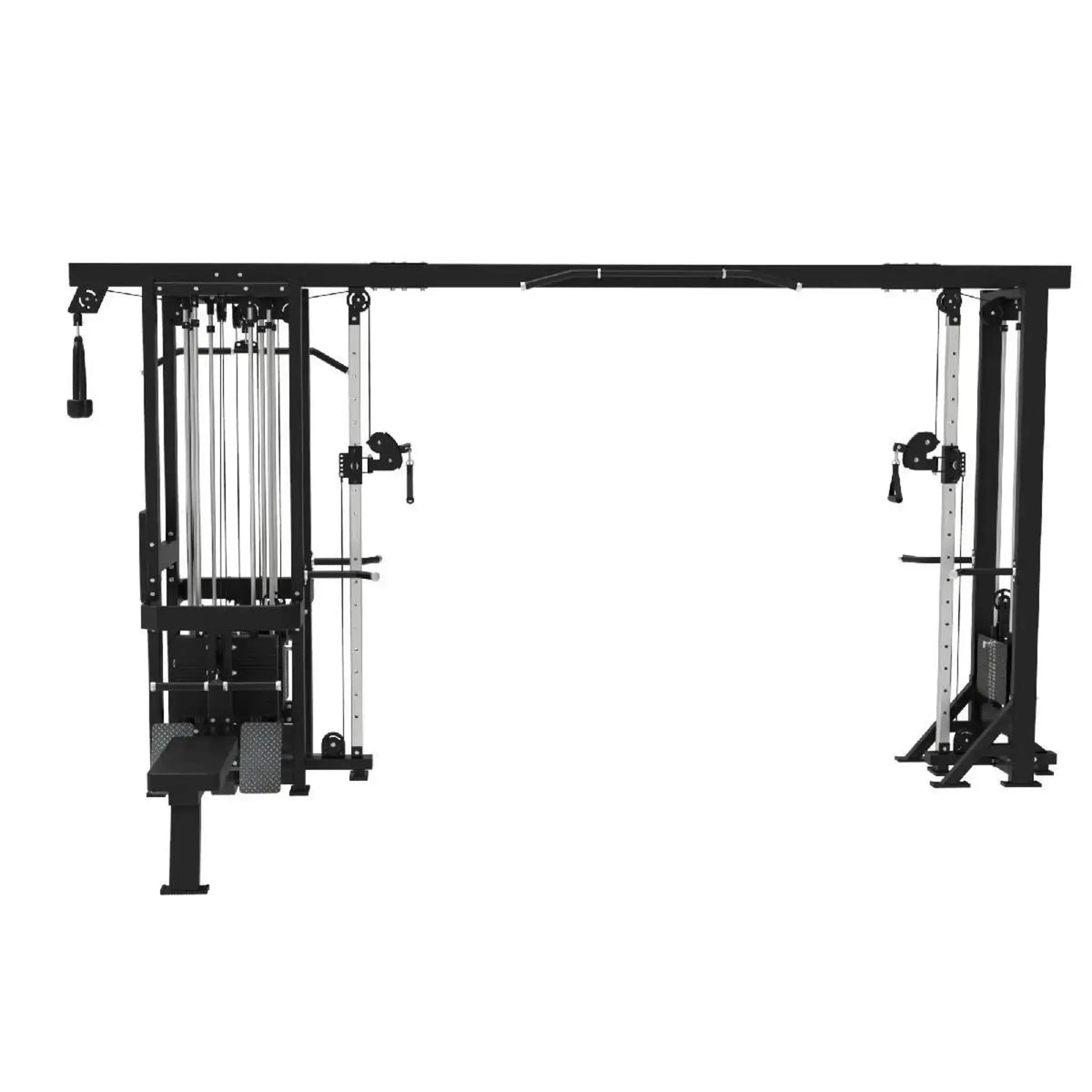 Titanium Strength Elite Series Multistation 5 Stationen in Schwarz, Rückansicht mit Gewichtsstapeln und Kabelzugsäulen
