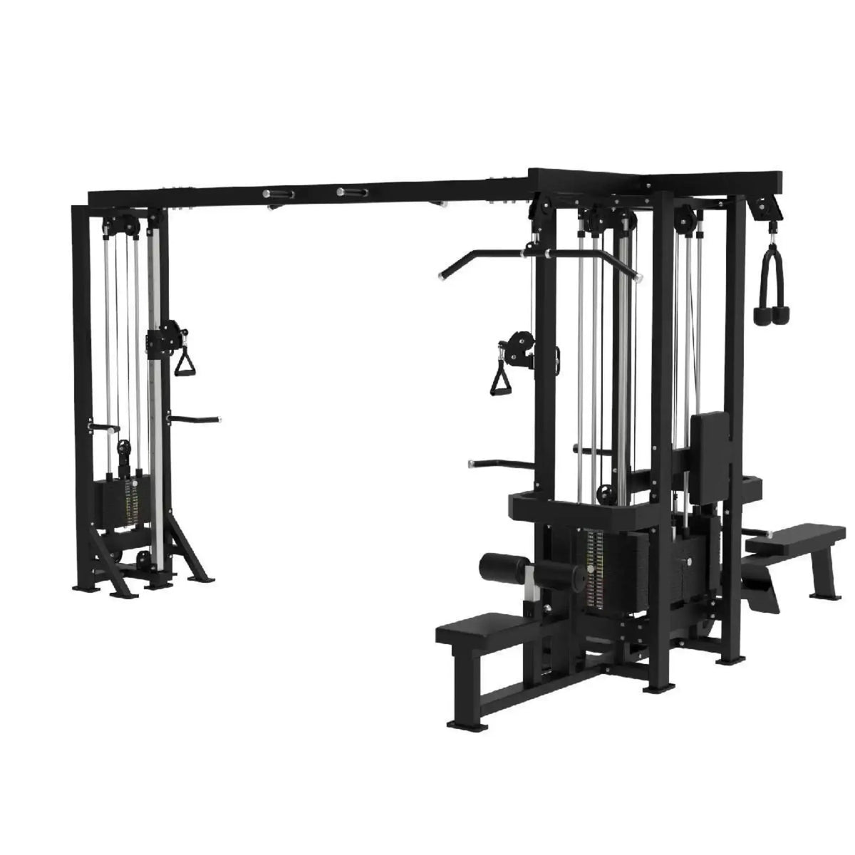 Titanium Strength Elite Series Multistation 5 Stationen in Schwarz, Schrägansicht von links mit Latzug, Ruderstation und Hantelbank