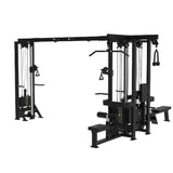 Titanium Strength Elite Series Multistation 5 Stationen in Schwarz, Schrägansicht von links mit Latzug, Ruderstation und Hantelbank