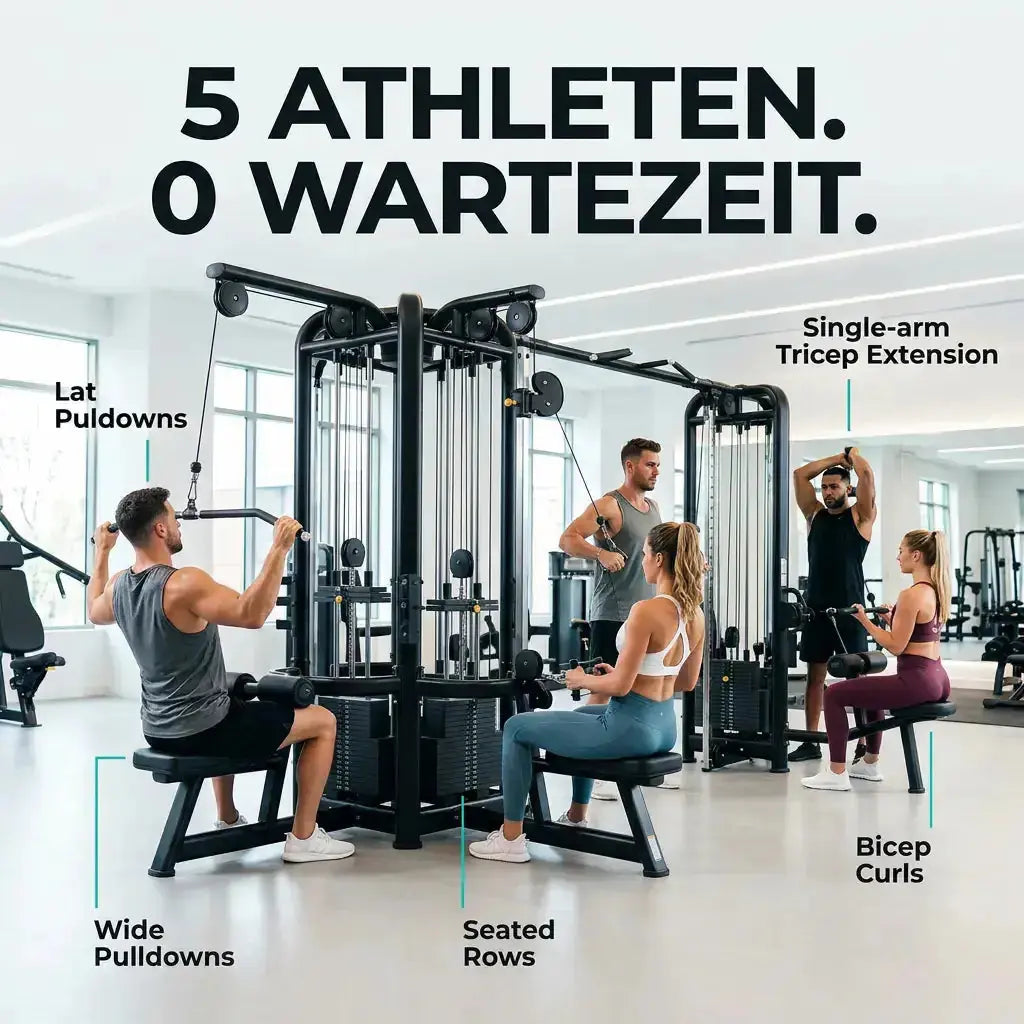 Titanium Strength Elite Series Multistation 5 Stationen im Studio, mehrere Personen trainieren gleichzeitig an den Stationen