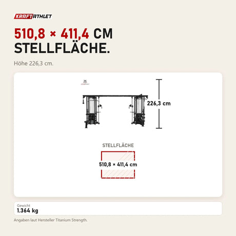 Maßbild Titanium Strength Elite Series Multistation 8 Stationen: Stellfläche 510,8 × 411,4 cm, Höhe 226,3 cm