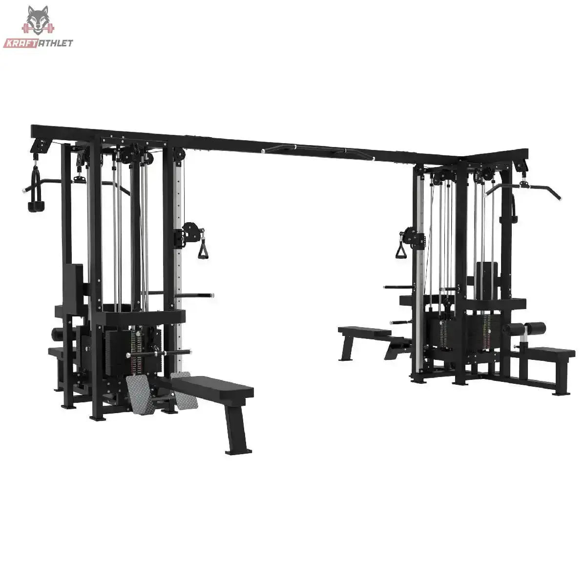 Titanium Strength Elite Series Multistation 8 Stationen, Schrägansicht mit Bänken und Kabelzügen