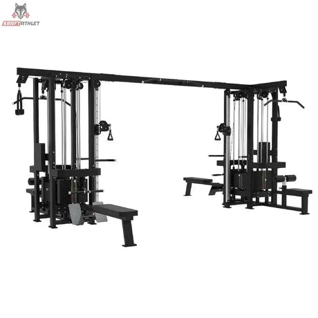 Titanium Strength Elite Series Multistation 8 Stationen, Schrägansicht mit Bänken und Kabelzügen