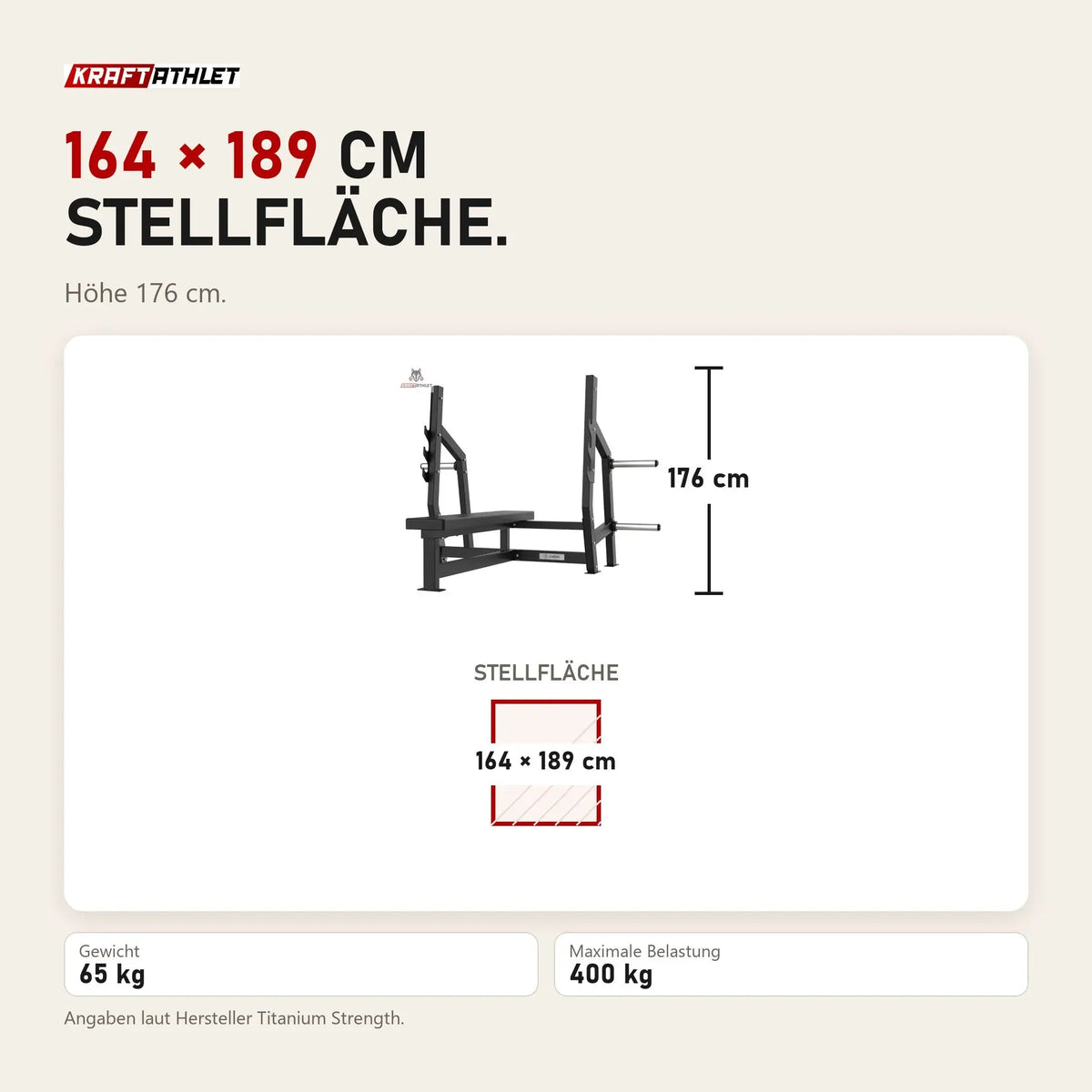Maßbild Titanium Strength Elite Series Olympische Flachbank: Stellfläche 164 × 189 cm, Höhe 176 cm