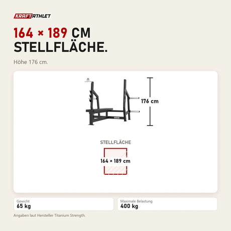 Maßbild Titanium Strength Elite Series Olympische Flachbank: Stellfläche 164 × 189 cm, Höhe 176 cm