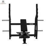 Titanium Strength Elite Series Olympische Schrägbank in der Frontansicht mit verstellter Rückenlehne, Sitz und seitlichen Scheibenhörnern