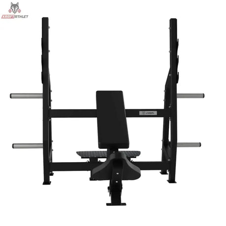Titanium Strength Elite Series Olympische Schrägbank in der Frontansicht mit verstellter Rückenlehne, Sitz und seitlichen Scheibenhörnern