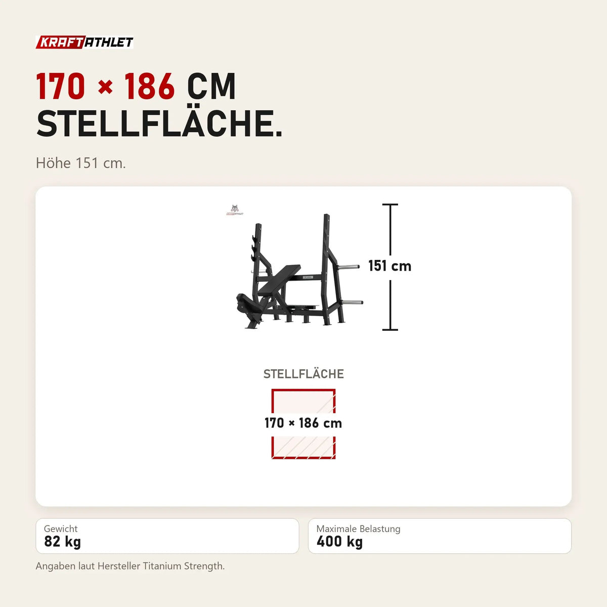 Maßbild Titanium Strength Elite Series Olympische Schrägbank: Stellfläche 170 × 186 cm, Höhe 151 cm