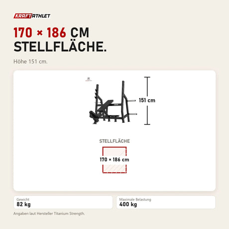 Maßbild Titanium Strength Elite Series Olympische Schrägbank: Stellfläche 170 × 186 cm, Höhe 151 cm