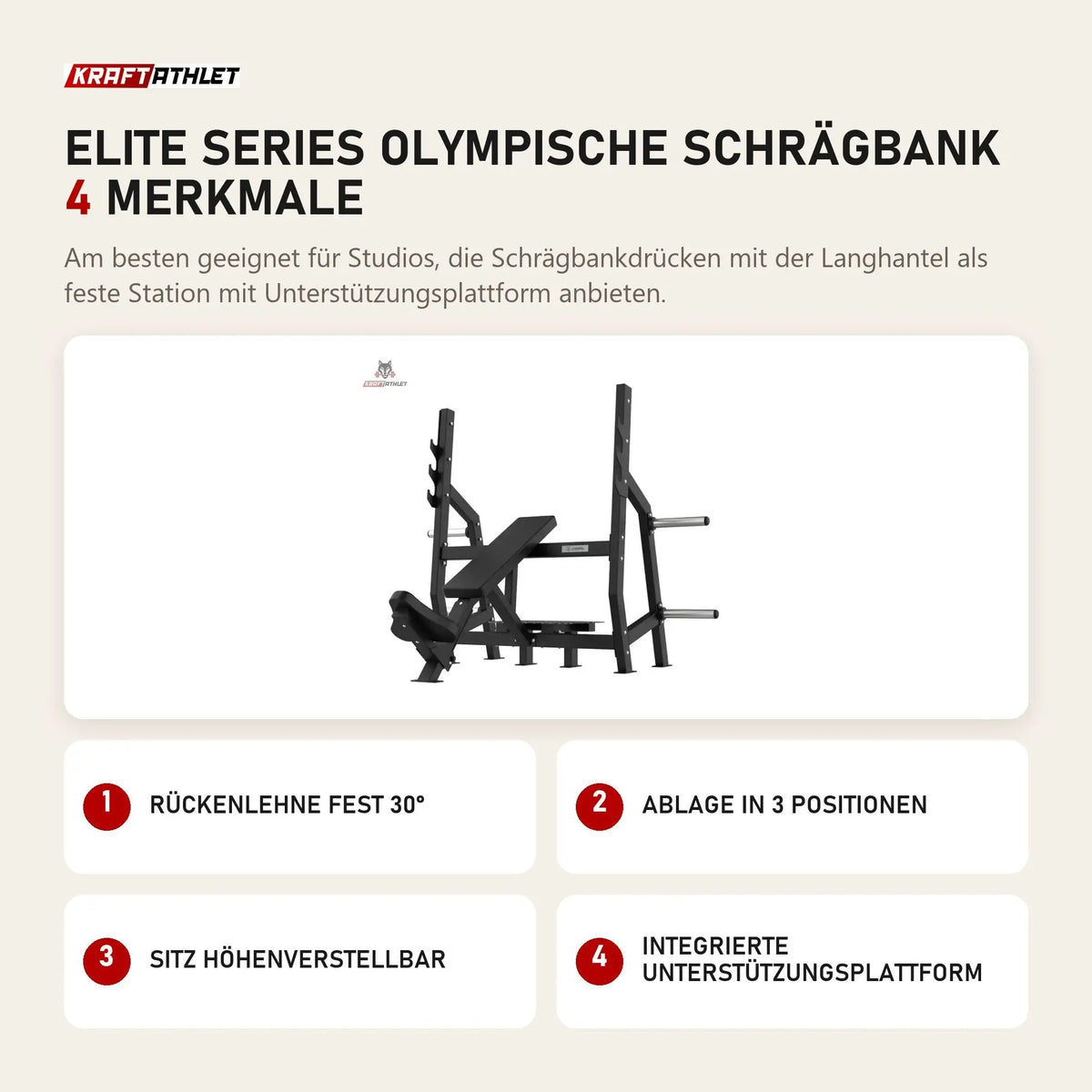 Titanium Strength Elite Series Olympische Schrägbank mit 4 Merkmalen: Rückenlehne fest 30°, Ablage in 3 Positionen, Sitz höhenverstellbar, Integrierte Unterstützungsplattform