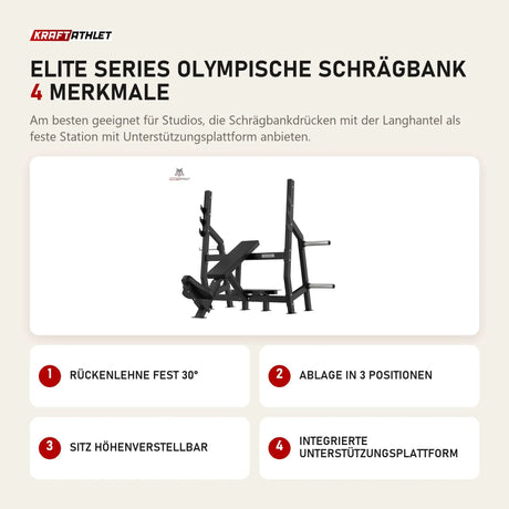 Titanium Strength Elite Series Olympische Schrägbank mit 4 Merkmalen: Rückenlehne fest 30°, Ablage in 3 Positionen, Sitz höhenverstellbar, Integrierte Unterstützungsplattform