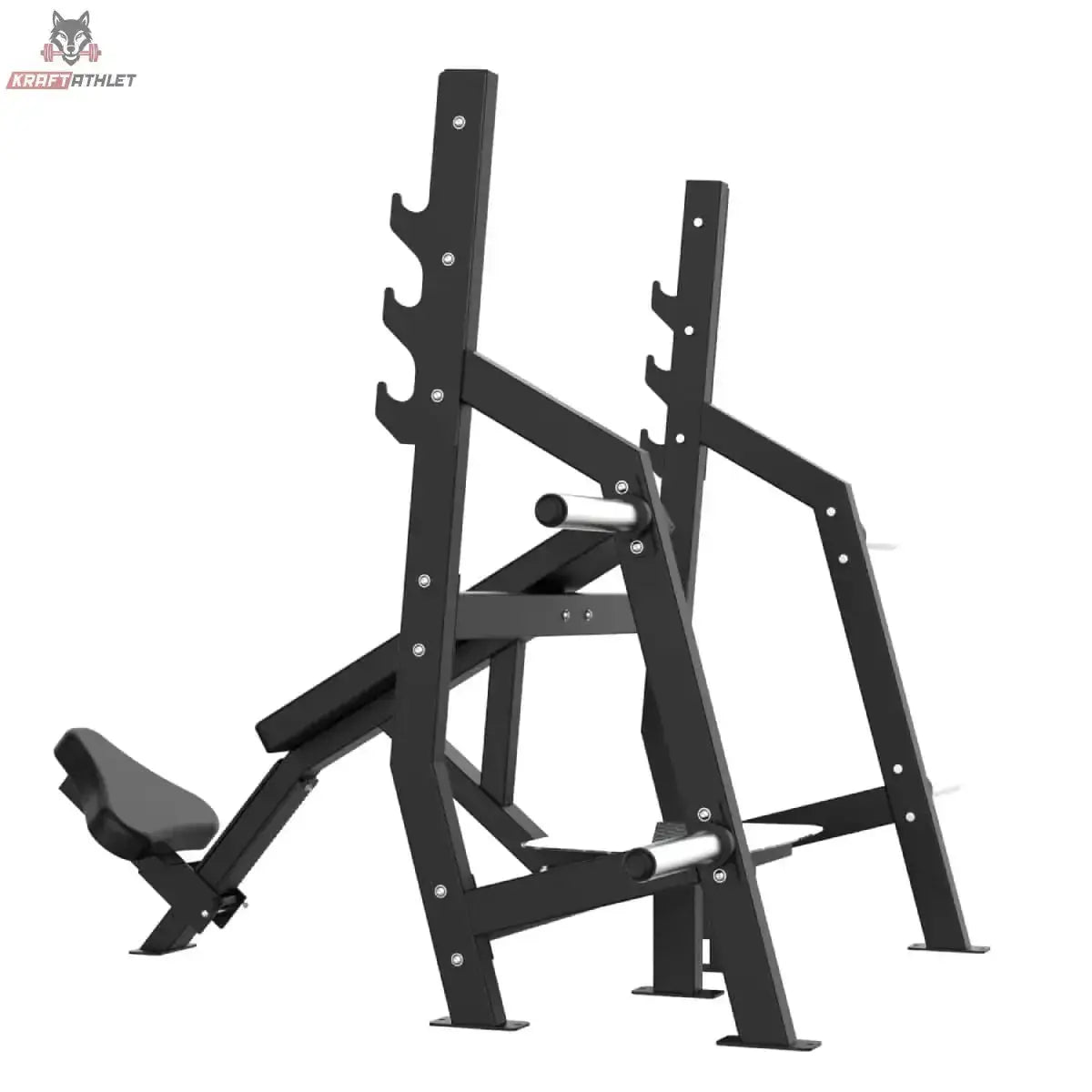 Titanium Strength Elite Series Olympische Schrägbank in der Rückansicht mit Blick auf Ablagen, Rahmenstreben und Fußplattform
