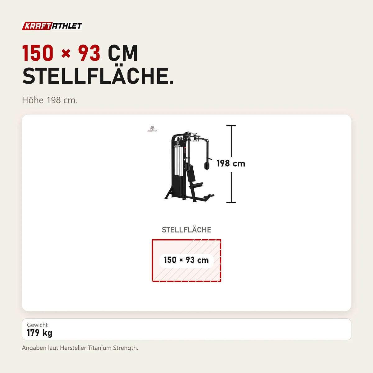 Maßbild Titanium Strength Elite Series Pec Deck: Stellfläche 150 × 93 cm, Höhe 198 cm