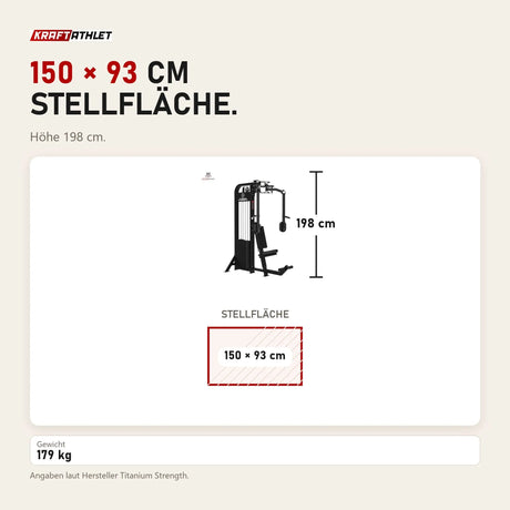 Maßbild Titanium Strength Elite Series Pec Deck: Stellfläche 150 × 93 cm, Höhe 198 cm