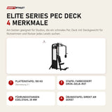Titanium Strength Elite Series Pec Deck mit 4 Merkmalen: Plattenstapel 100 kg, Stapel farbcodiert grün–gelb–rot, Führungsstangen Edelstahl 25 mm, Übungstafel direkt am Gerät
