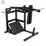 Titanium Strength Elite Series Pendulum Hack Squat in Schwarz, Schrägansicht mit Schulterpolstern und Fußplatte