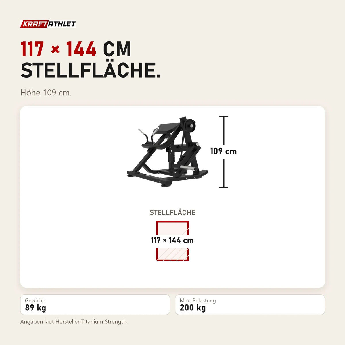Maßbild Titanium Strength Elite Series Plate Loaded Bicep Curl: Stellfläche 117 × 144 cm, Höhe 109 cm