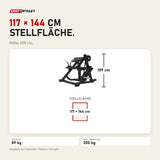 Maßbild Titanium Strength Elite Series Plate Loaded Bicep Curl: Stellfläche 117 × 144 cm, Höhe 109 cm