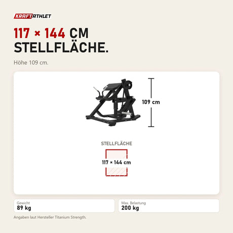 Maßbild Titanium Strength Elite Series Plate Loaded Bicep Curl: Stellfläche 117 × 144 cm, Höhe 109 cm