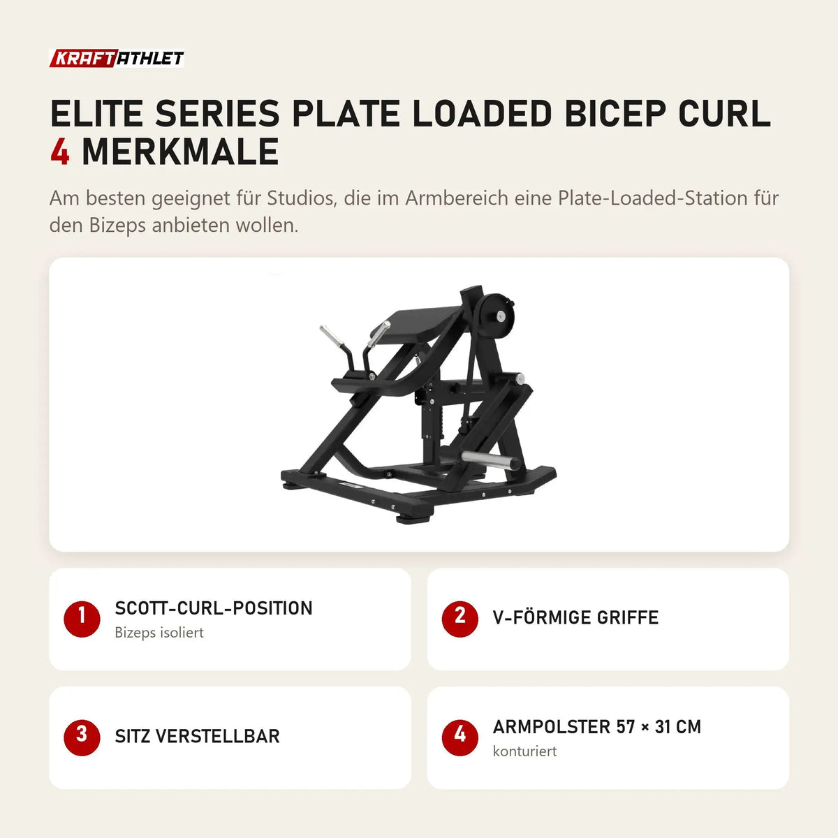 Titanium Strength Elite Series Plate Loaded Bicep Curl mit 4 Merkmalen: Scott-Curl-Position, V-förmige Griffe, Sitz verstellbar, Armpolster 57 × 31 cm