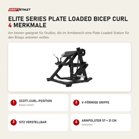 Titanium Strength Elite Series Plate Loaded Bicep Curl mit 4 Merkmalen: Scott-Curl-Position, V-förmige Griffe, Sitz verstellbar, Armpolster 57 × 31 cm