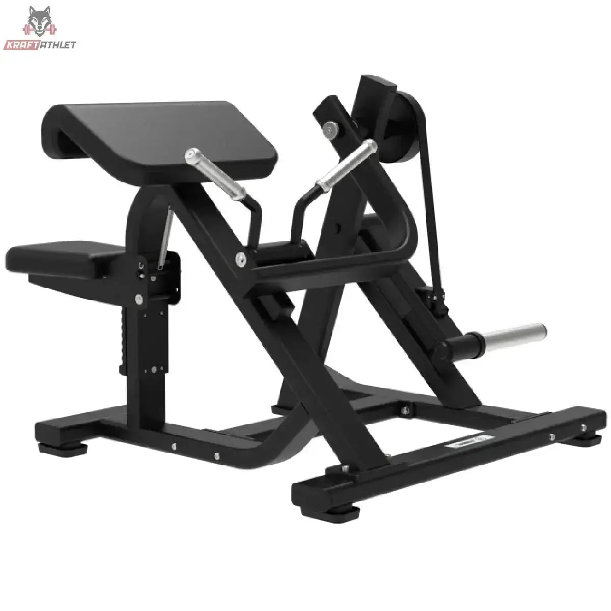 Titanium Strength Elite Series Plate Loaded Bicep Curl in Schrägansicht von hinten mit Armpolster und Hebelarm