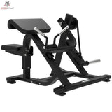 Titanium Strength Elite Series Plate Loaded Bicep Curl in Schrägansicht von hinten mit Armpolster und Hebelarm