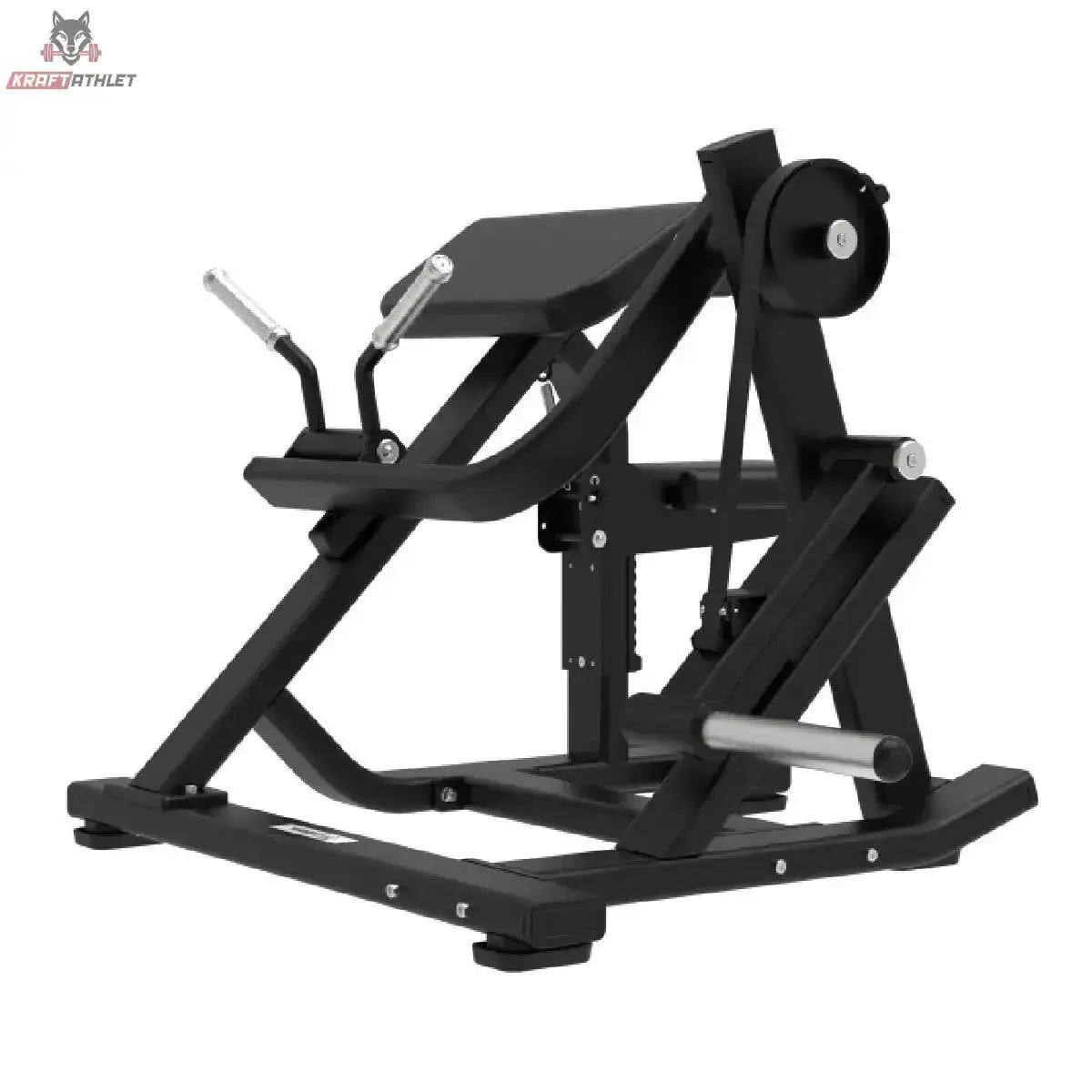 Titanium Strength Elite Series Plate Loaded Bicep Curl in Schrägansicht mit Armpolster, Curlgriffen und Scheibenaufnahme