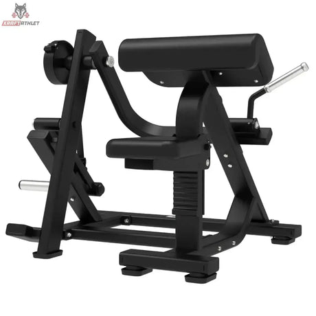 Titanium Strength Elite Series Plate Loaded Bicep Curl in Seitenansicht von rechts mit Sitz und Armpolster