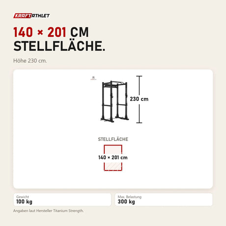 Maßbild Titanium Strength Elite Series Power Cage E30: Stellfläche 140 × 201 cm, Höhe 230 cm