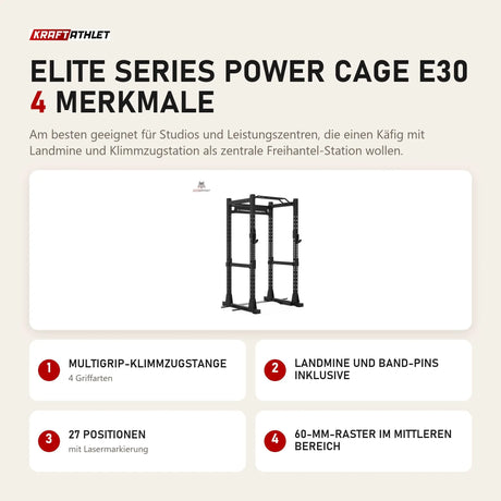 Titanium Strength Elite Series Power Cage E30 mit 4 Merkmalen: Multigrip-Klimmzugstange, Landmine und Band-Pins inklusive, 27 Positionen, 60-mm-Raster im mittleren Bereich