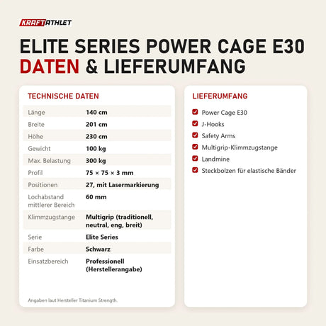Technische Daten und Lieferumfang von Titanium Strength Elite Series Power Cage E30 als Tabelle