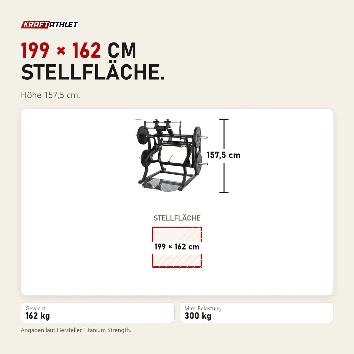 Maßbild Titanium Strength Elite Series Power Squat Kniebeugenmaschine: Stellfläche 199 × 162 cm, Höhe 157,5 cm