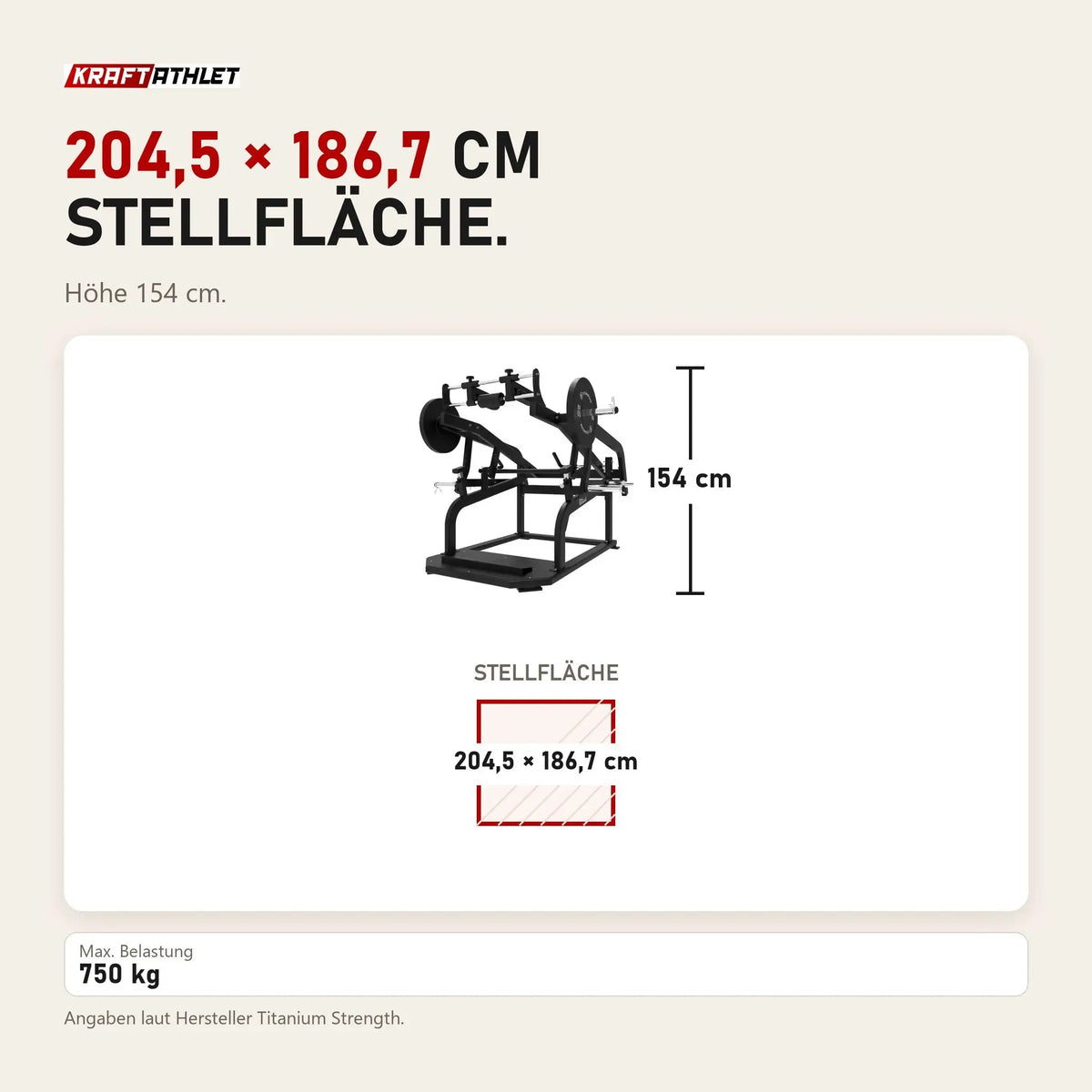 Maßbild Titanium Strength Elite Series Power Squat Pro Kniebeugenmaschine: Stellfläche 204,5 × 186,7 cm, Höhe 154 cm