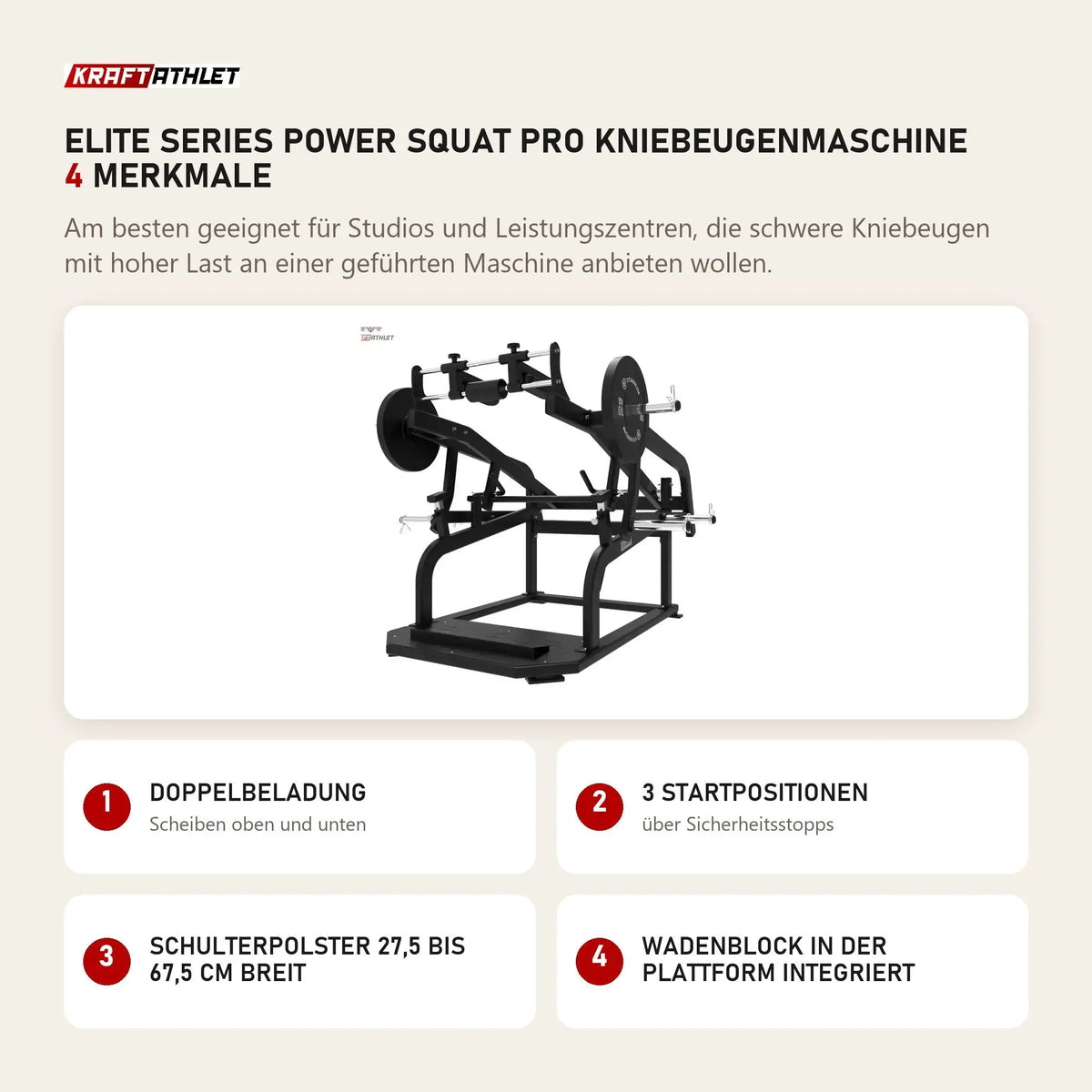 Titanium Strength Elite Series Power Squat Pro Kniebeugenmaschine mit 4 Merkmalen: Doppelbeladung, 3 Startpositionen, Schulterpolster 27,5 bis 67,5 cm breit, Wadenblock in der Plattform integriert