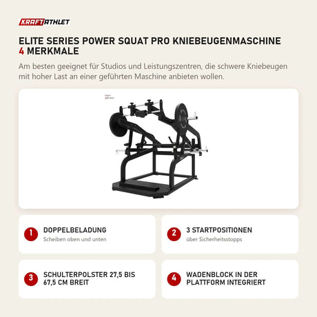 Titanium Strength Elite Series Power Squat Pro Kniebeugenmaschine mit 4 Merkmalen: Doppelbeladung, 3 Startpositionen, Schulterpolster 27,5 bis 67,5 cm breit, Wadenblock in der Plattform integriert