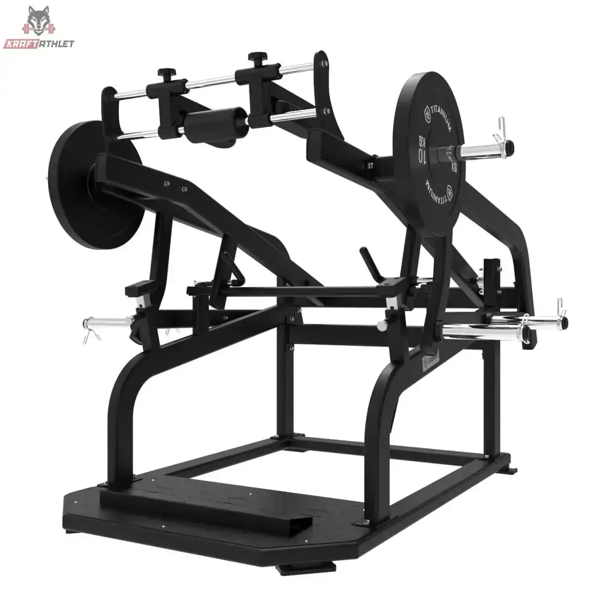 Titanium Strength Elite Series Power Squat Pro Kniebeugenmaschine in Schwarz, Schrägansicht mit Hantelscheiben