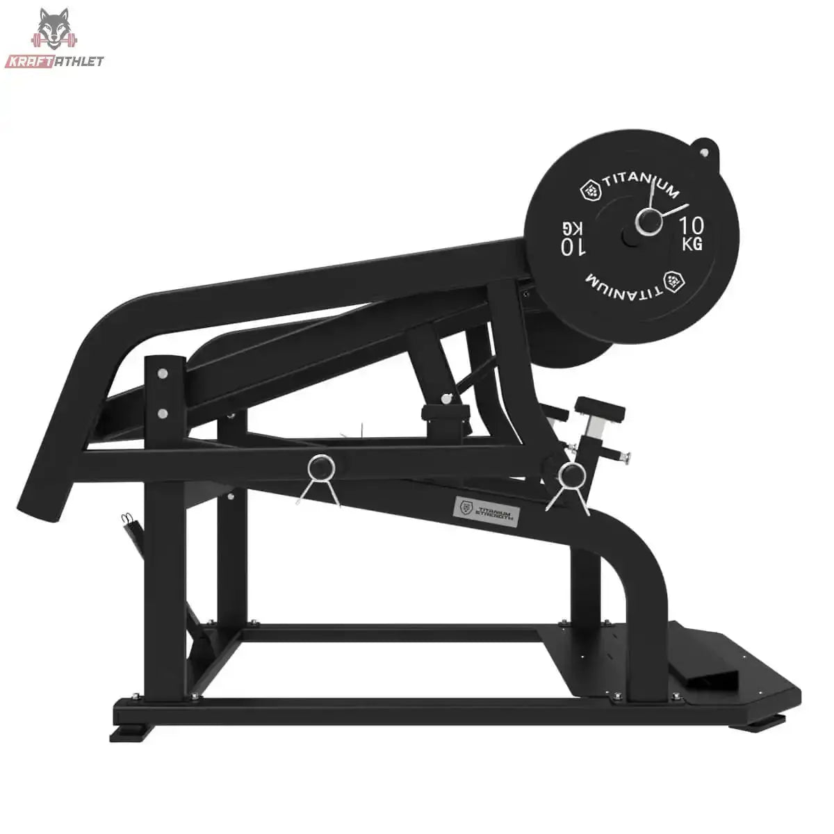Titanium Strength Elite Series Power Squat Pro Kniebeugenmaschine in Schwarz, Seitenansicht von links mit Scheibe